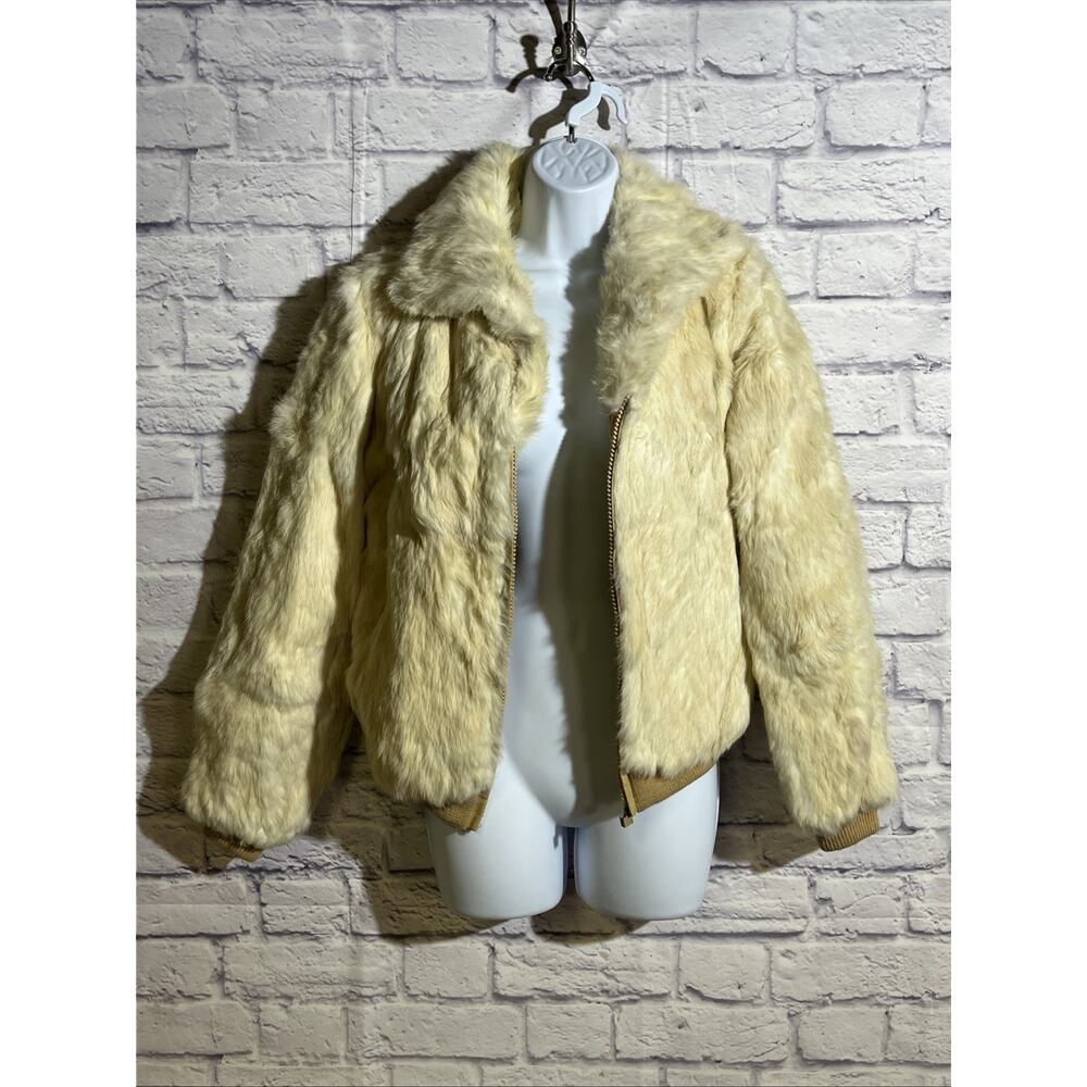 Vtg Dino Ricco "80's mob wife" rabbit fur bomber jacket coat Sz M Cream Tan READ